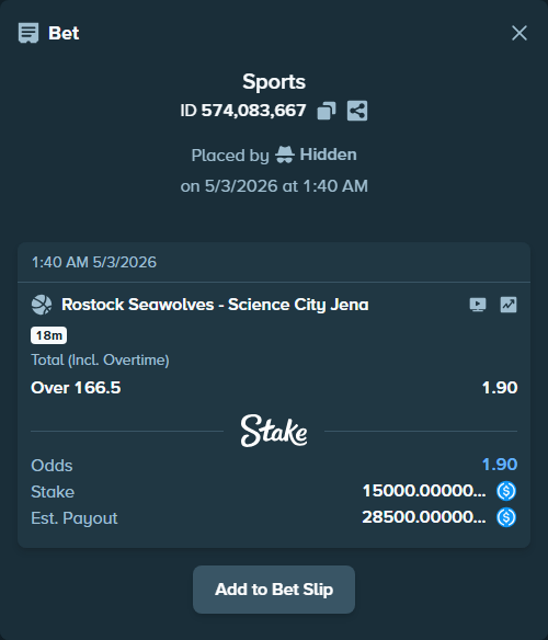 Bet slip: Rostock Seawolves - Medipolis SC Jena, $15,000.00 stake at 1.90 odds, placed by Hidden