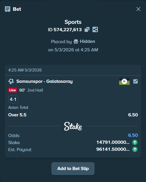 Bet slip: Samsunspor - Galatasaray Istanbul, $14,791.00 stake at 6.50 odds, placed by Hidden