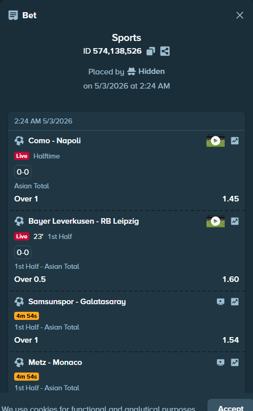 Bet slip: Samsunspor - Galatasaray Istanbul, $30,000.00 stake at 1.54 odds, placed by Hidden
