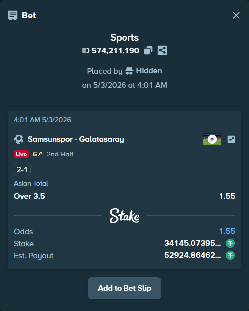Bet slip: Samsunspor - Galatasaray Istanbul, $34,145.07 stake at 1.55 odds, placed by Hidden
