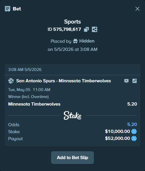 Bet slip: San Antonio Spurs - Minnesota Timberwolves, $10,000.00 stake at 5.20 odds, placed by Hidden