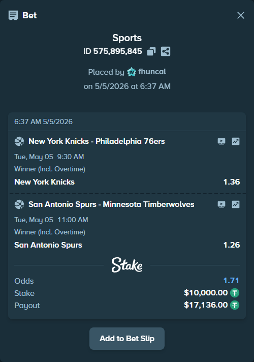 Bet slip: San Antonio Spurs - Minnesota Timberwolves, $10,000.00 stake at 1.26 odds, placed by fhuncal