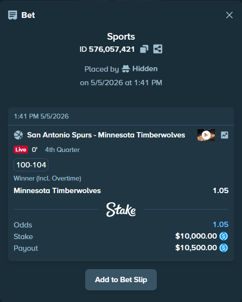 Bet slip: San Antonio Spurs - Minnesota Timberwolves, $10,000.00 stake at 1.05 odds, placed by Hidden