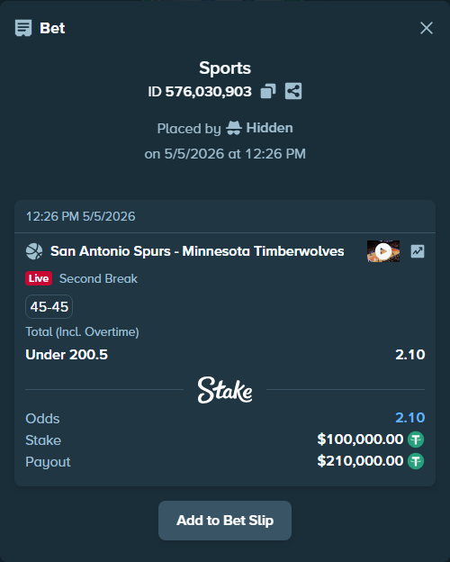 Bet slip: San Antonio Spurs - Minnesota Timberwolves, $100,000.00 stake at 2.10 odds, placed by Hidden