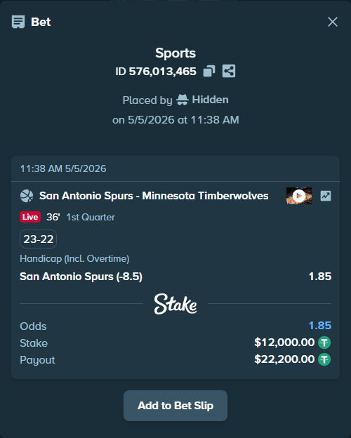 Bet slip: San Antonio Spurs - Minnesota Timberwolves, $12,000.00 stake at 1.85 odds, placed by Hidden