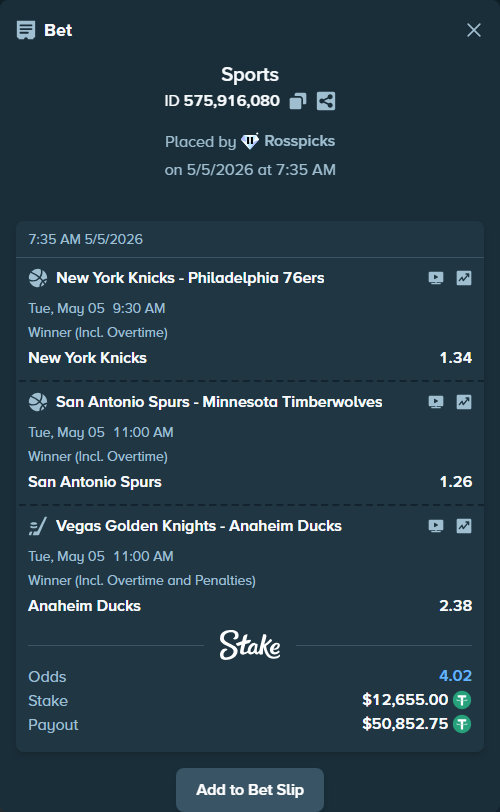 Bet slip: San Antonio Spurs - Minnesota Timberwolves, $12,655.00 stake at 1.26 odds, placed by Rosspicks