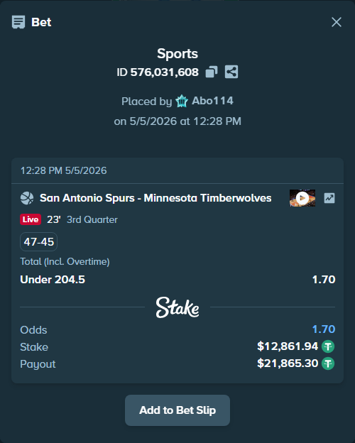 Bet slip: San Antonio Spurs - Minnesota Timberwolves, $12,861.94 stake at 1.70 odds, placed by Abo114