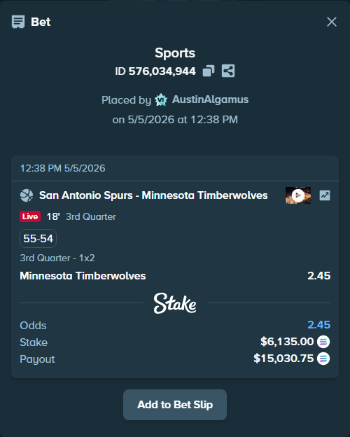 Bet slip: San Antonio Spurs - Minnesota Timberwolves, $14,527.68 stake at 2.45 odds, placed by AustinAlgamus