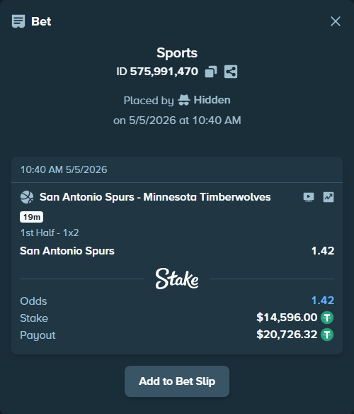 Bet slip: San Antonio Spurs - Minnesota Timberwolves, $14,596.00 stake at 1.42 odds, placed by Hidden