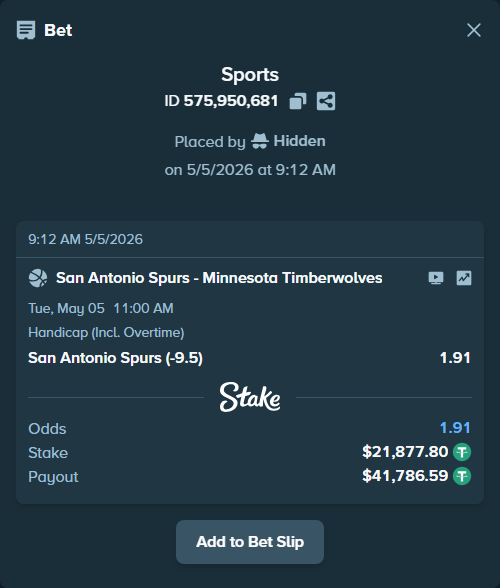 Bet slip: San Antonio Spurs - Minnesota Timberwolves, $21,877.80 stake at 1.91 odds, placed by Hidden