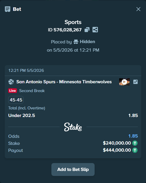 Bet slip: San Antonio Spurs - Minnesota Timberwolves, $240,000.00 stake at 1.85 odds, placed by Hidden