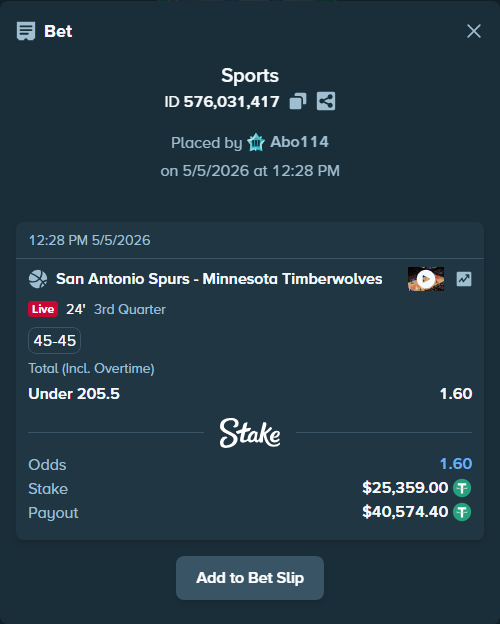 Bet slip: San Antonio Spurs - Minnesota Timberwolves, $25,359.00 stake at 1.60 odds, placed by Abo114