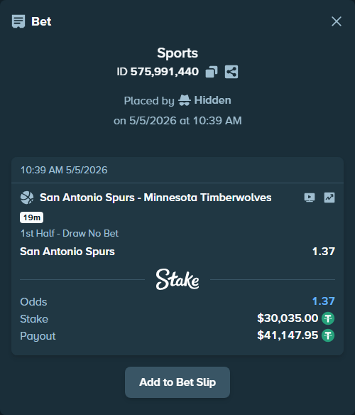 Bet slip: San Antonio Spurs - Minnesota Timberwolves, $30,035.00 stake at 1.37 odds, placed by Hidden