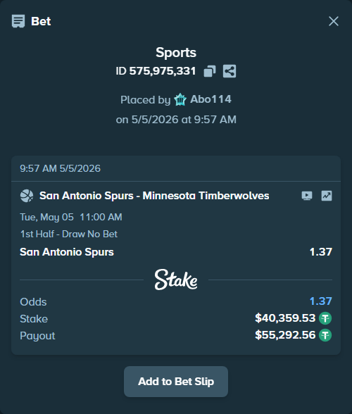 Bet slip: San Antonio Spurs - Minnesota Timberwolves, $40,359.53 stake at 1.37 odds, placed by Abo114