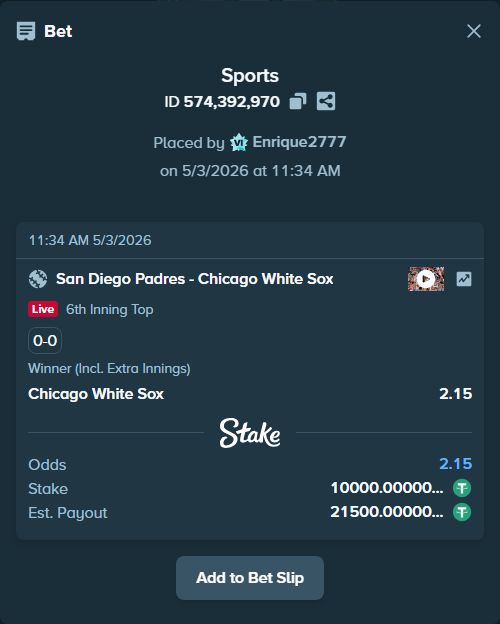 Bet slip: San Diego Padres - Chicago White Sox, $10,000.00 stake at 2.15 odds, placed by Enrique2777