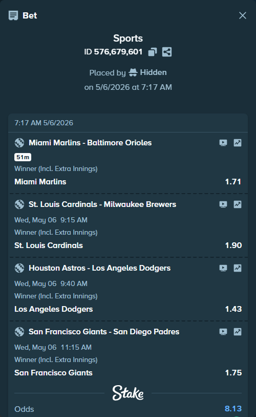 Bet slip: San Francisco Giants - San Diego Padres, $10,000.00 stake at 1.75 odds, placed by Hidden