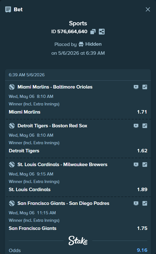 Bet slip: San Francisco Giants - San Diego Padres, $12,000.00 stake at 1.75 odds, placed by Hidden