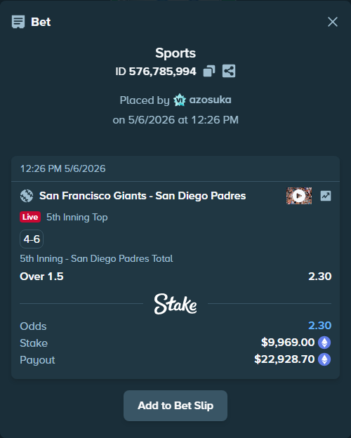 Bet slip: San Francisco Giants - San Diego Padres, $14,773.06 stake at 2.30 odds, placed by azosuka