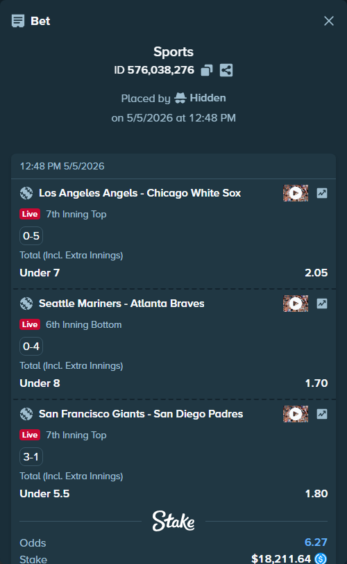 Bet slip: San Francisco Giants - San Diego Padres, $18,211.64 stake at 1.80 odds, placed by Hidden