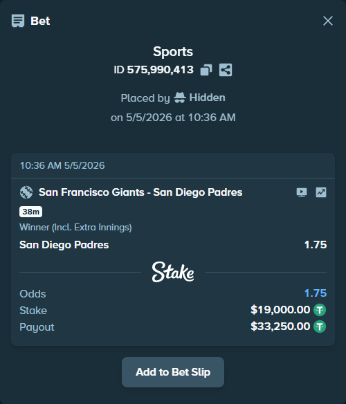 Bet slip: San Francisco Giants - San Diego Padres, $19,000.00 stake at 1.75 odds, placed by Hidden
