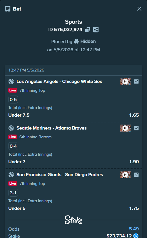 Bet slip: San Francisco Giants - San Diego Padres, $23,734.12 stake at 1.75 odds, placed by Hidden