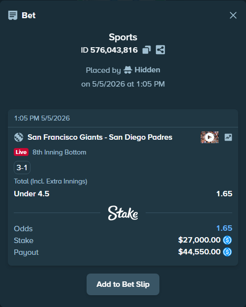 Bet slip: San Francisco Giants - San Diego Padres, $27,000.00 stake at 1.65 odds, placed by Hidden