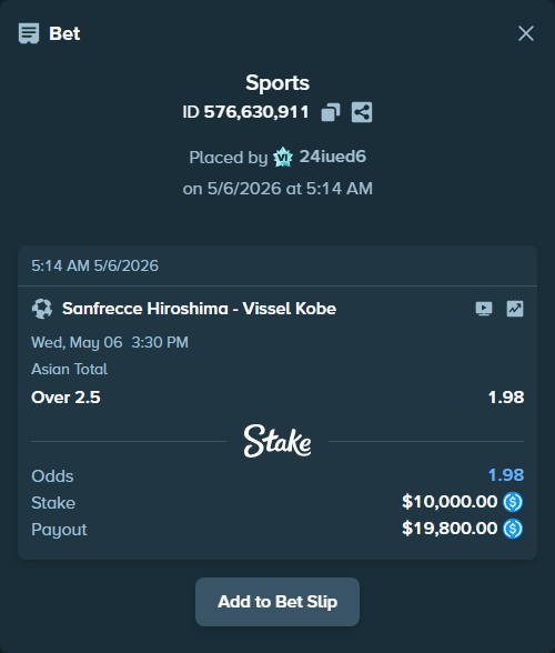 Bet slip: Sanfrecce Hiroshima - Vissel Kobe, $10,000.00 stake at 1.98 odds, placed by 24iued6
