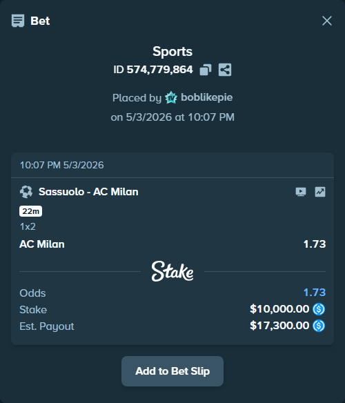 Bet slip: Sassuolo - AC Milan, $10,000.00 stake at 1.73 odds, placed by boblikepie