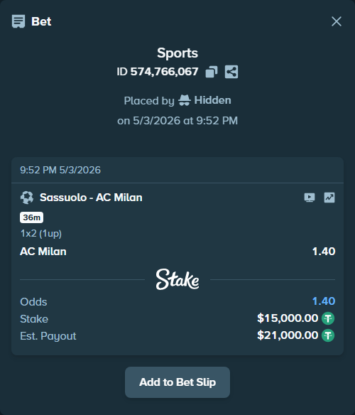 Bet slip: Sassuolo - AC Milan, $15,000.00 stake at 1.40 odds, placed by Hidden