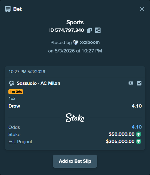 Bet slip: Sassuolo - AC Milan, $50,000.00 stake at 4.10 odds, placed by xxxboom