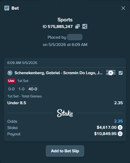 Bet slip: Schenekenberg, Gabriel - Scramin Do Lago, Joao Vitor, $10,960.76 stake at 2.35 odds, placed by AustinAlgamus