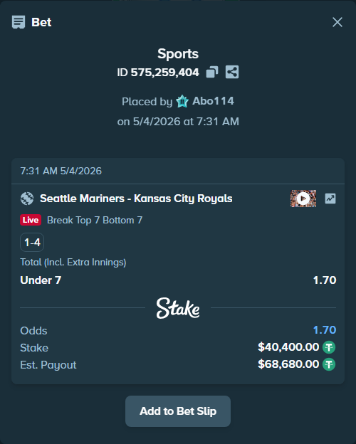 Bet slip: Seattle Mariners - Kansas City Royals, $40,400.00 stake at 1.70 odds, placed by Abo114