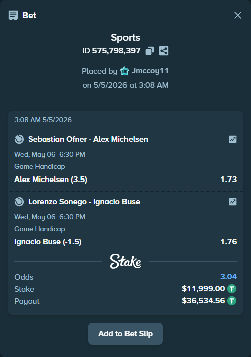 Bet slip: Sebastian Ofner - Alex Michelsen, $11,999.00 stake at 1.73 odds, placed by Jmccoy11