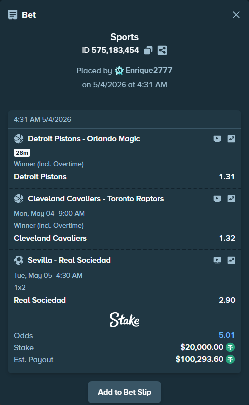 Bet slip: Sevilla - Real Sociedad San Sebastian, $20,000.00 stake at 2.90 odds, placed by Enrique2777