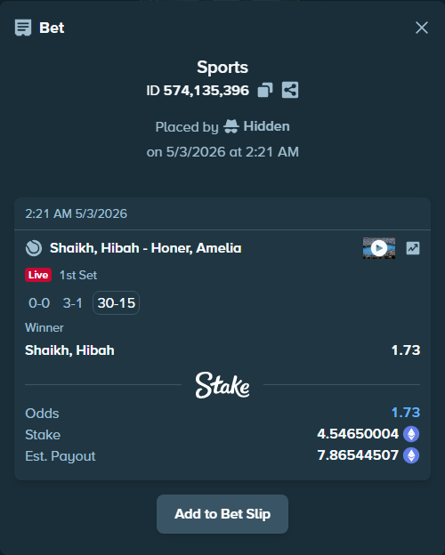 Bet slip: Shaikh, Hibah - Honer, Amelia, $15,912.75 stake at 1.73 odds, placed by Hidden
