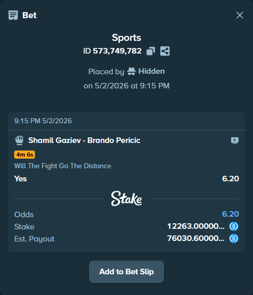 Bet slip: Shamil Gaziev - Brando Pericic, $12,263.00 stake at 6.20 odds, placed by Hidden