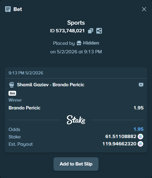 Bet slip: Shamil Gaziev - Brando Pericic, $12,302.22 stake at 1.95 odds, placed by Hidden