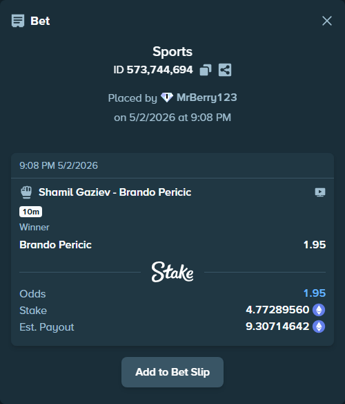 Bet slip: Shamil Gaziev - Brando Pericic, $16,705.13 stake at 1.95 odds, placed by MrBerry123