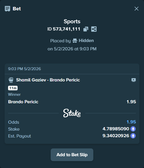 Bet slip: Shamil Gaziev - Brando Pericic, $16,764.48 stake at 1.95 odds, placed by Hidden