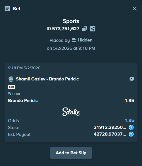 Bet slip: Shamil Gaziev - Brando Pericic, $21,912.29 stake at 1.95 odds, placed by Hidden