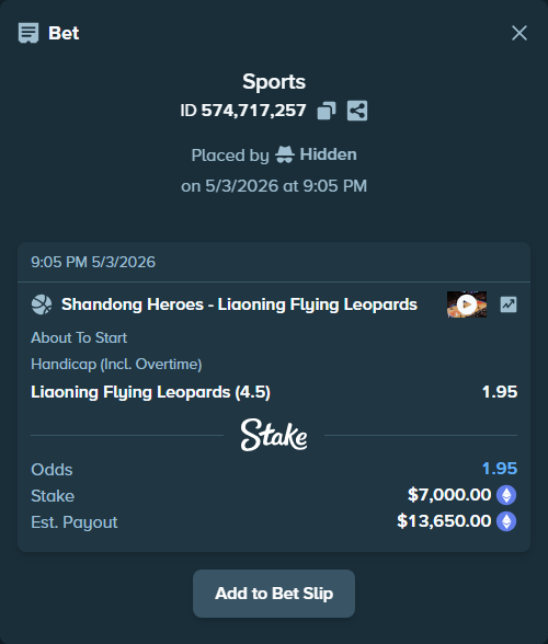 Bet slip: Shandong Kirin - Liaoning Flying Leopards, $10,591.35 stake at 1.95 odds, placed by Hidden