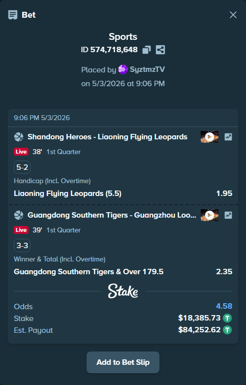 Bet slip: Shandong Kirin - Liaoning Flying Leopards, $18,385.73 stake at 1.95 odds, placed by SyztmzTV