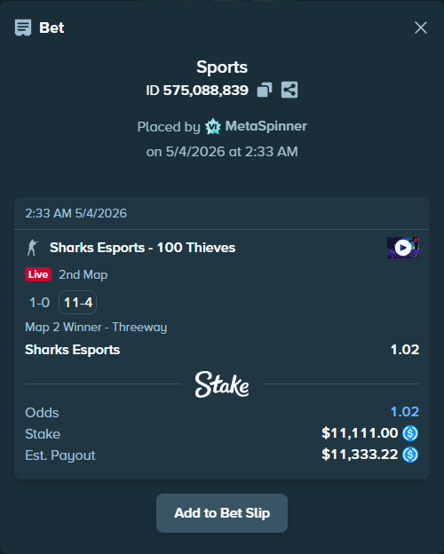 Bet slip: Sharks Esports - 100 Thieves, $11,111.00 stake at 1.02 odds, placed by MetaSpinner