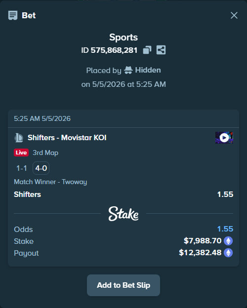 Bet slip: Shifters - Movistar KOI, $11,874.80 stake at 1.55 odds, placed by Hidden