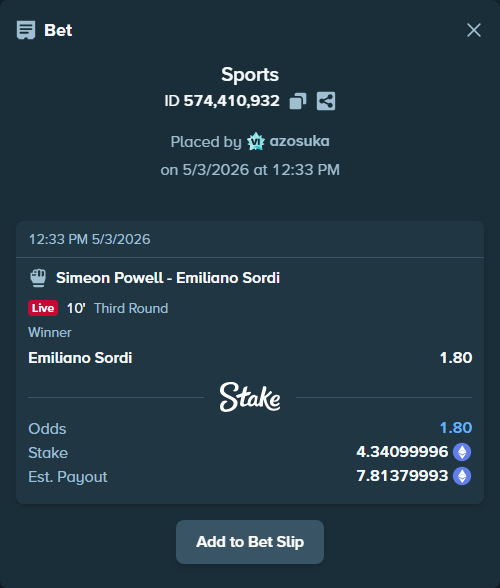 Bet slip: Simeon Powell - Emiliano Sordi, $15,193.50 stake at 1.80 odds, placed by azosuka