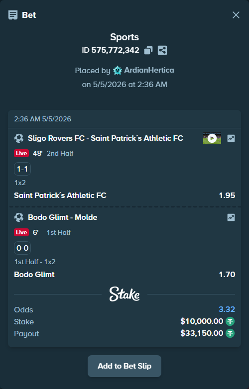 Bet slip: Sligo Rovers FC - Saint Patrick´s Athletic FC, $10,000.00 stake at 1.95 odds, placed by ArdianHertica