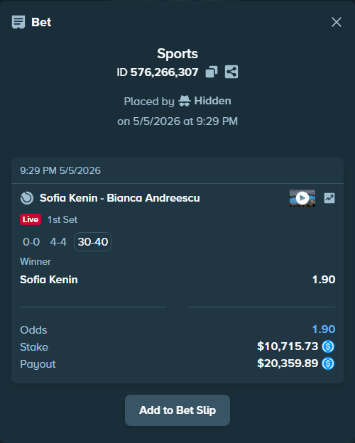 Bet slip: Sofia Kenin - Bianca Andreescu, $10,715.73 stake at 1.90 odds, placed by ckranz