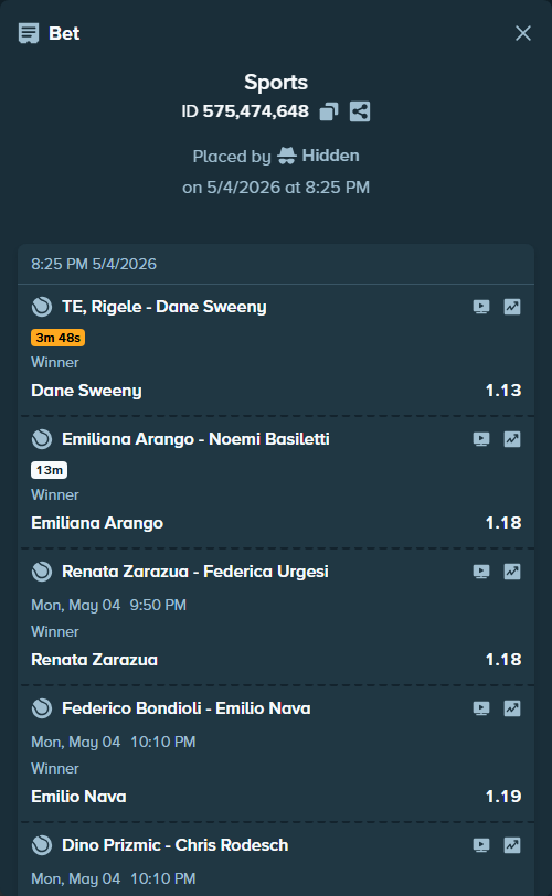 Bet slip: Soonwoo Kwon - Kaichi Uchida, $49,125.00 stake at 1.07 odds, placed by Hidden