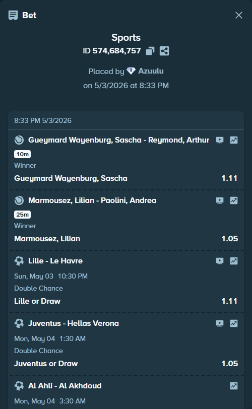 Bet slip: Soonwoo Kwon - Kaichi Uchida, $95,673.43 stake at 1.09 odds, placed by Azuulu