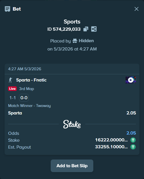 Bet slip: Sparta - Fnatic, $16,222.00 stake at 2.05 odds, placed by Hidden